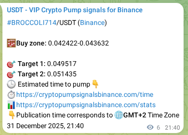 Crypto trading signal verification: BROCCOLI714 pump on Binance, 31 December 2025, 21:41