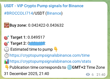 Market signal proof: BROCCOLI714 pump from Binance, 31 December 2025, 21:41