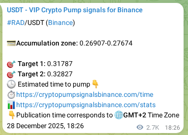 Authenticated proof of RAD's pump signal on Binance, 31 December 2025, 22:36