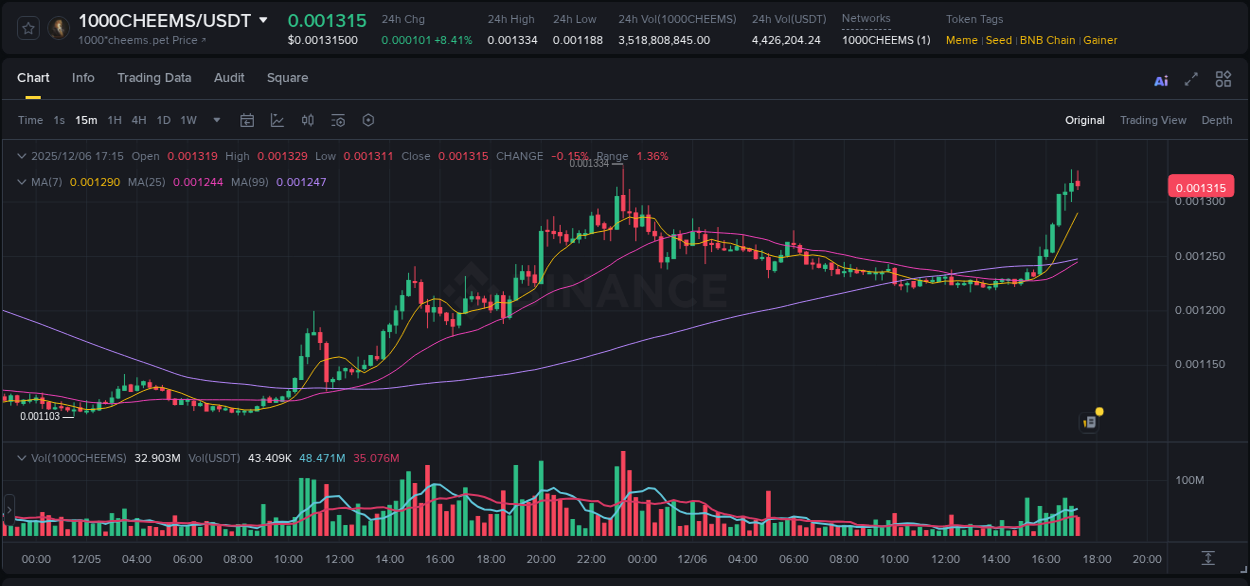 Binance pump data for 1000CHEEMS at 06 December 2025, 17:20