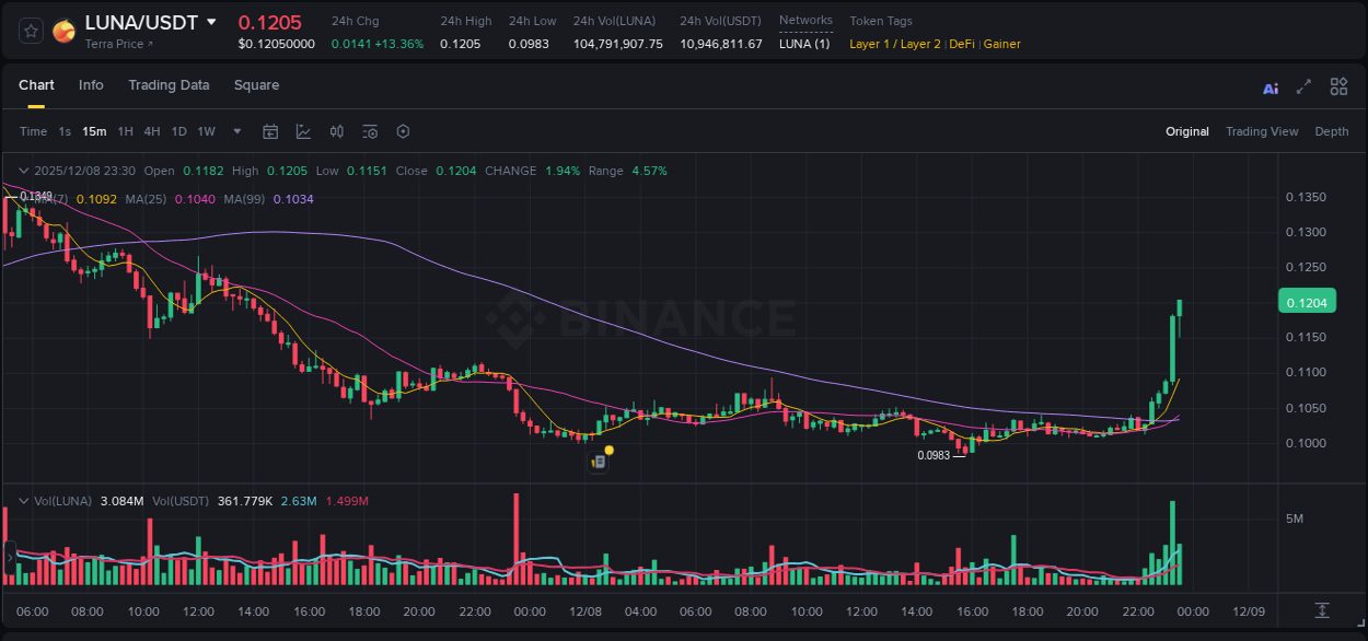 Detailed report of LUNA's pump on Binance at 08 December 2025, 23:28
