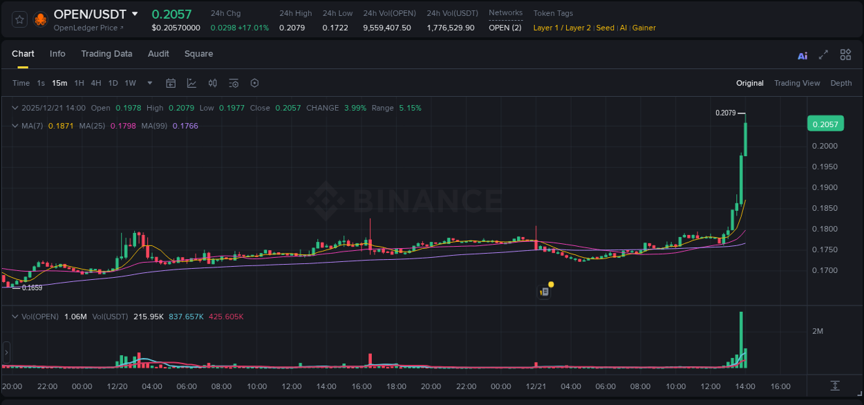 Crypto market update: OPEN pump on Binance, 21 December 2025, 14:01