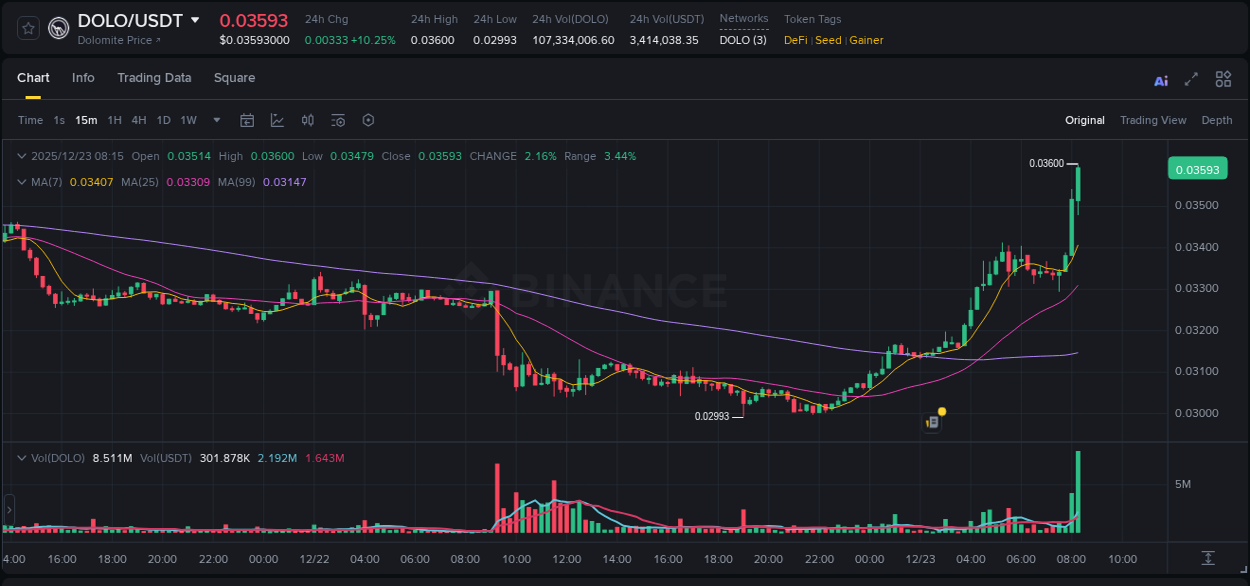 Binance pump report for DOLO on 23 December 2025, 08:28