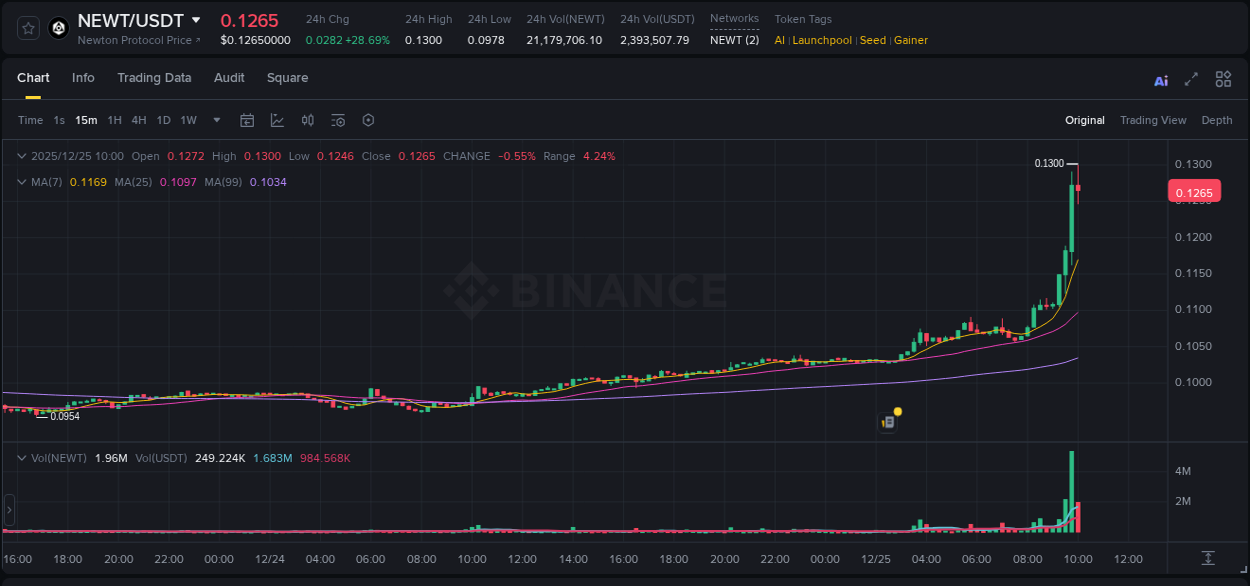 Crypto market update: NEWT pump on Binance, 25 December 2025, 09:44