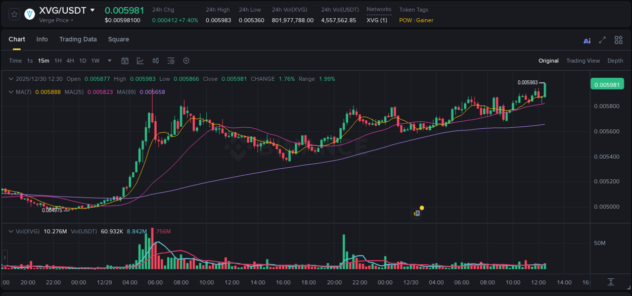 Binance trading report for XVG pump, 30 December 2025, 12:36
