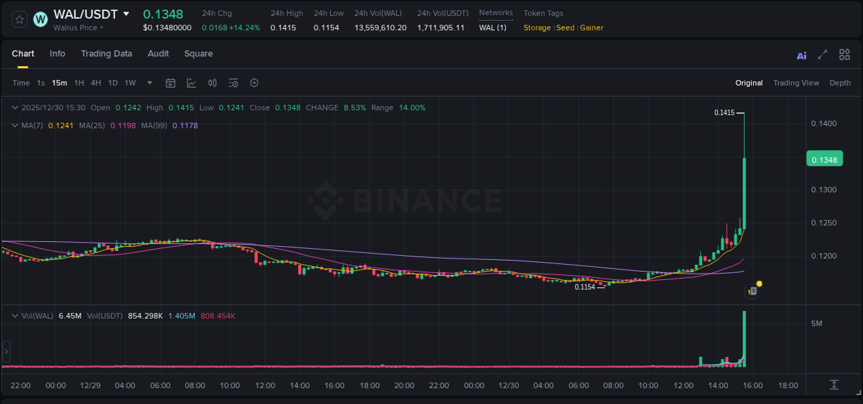 Binance pump data for WAL at 30 December 2025, 15:41