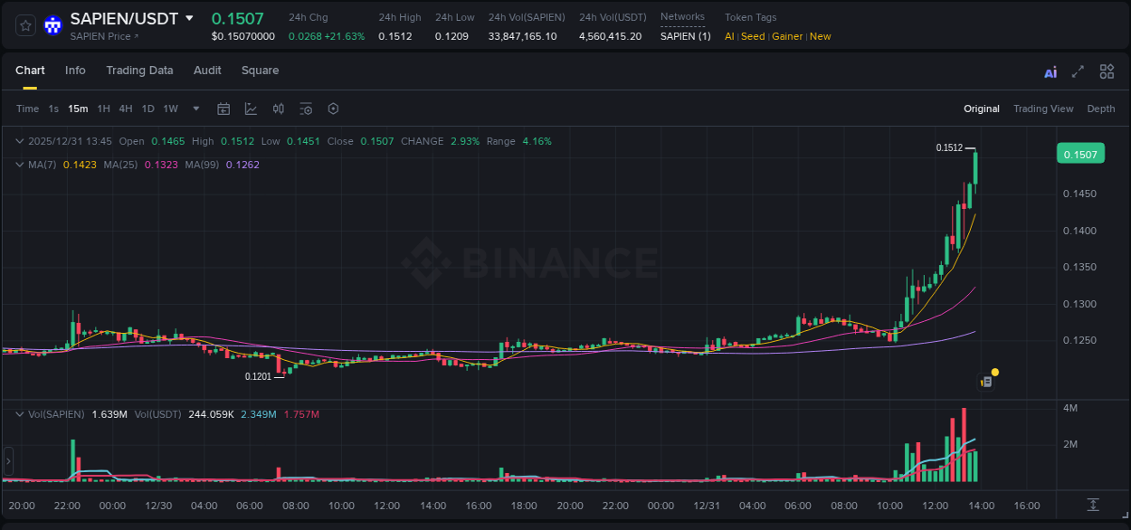 Crypto market update: SAPIEN pump on Binance, 31 December 2025, 13:49