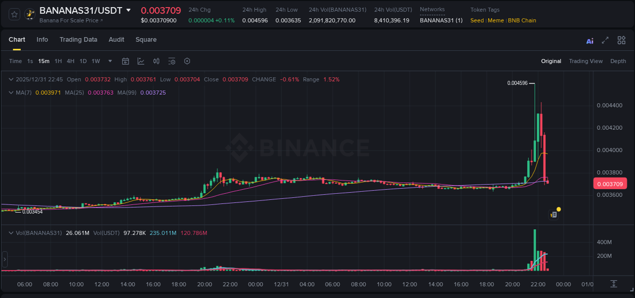 Binance pump statistics for BANANAS31 at 31 December 2025, 21:52