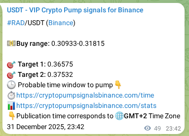 Trading signal verification: RAD pump from Binance, 01 January 2026, 00:00