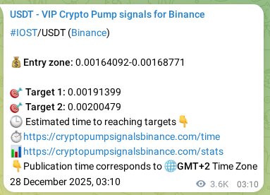 Authenticated proof of IOST's pump signal on Binance at 01 January 2026, 07:54