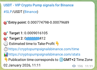 Crypto pump signal proof: SLP on Binance, 02 January 2026, 16:37