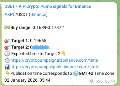 Trading signal proof: XPL pump from Binance, 02 January 2026, 21:09