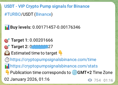 Binance pump signal data for TURBO at 02 January 2026, 22:13