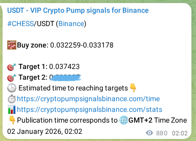 Authenticated proof of CHESS's pump signal on Binance at 03 January 2026, 02:28