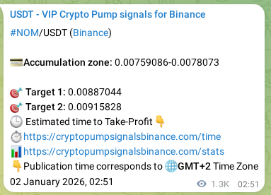 Crypto trading signal proof: NOM pump on Binance, 03 January 2026, 14:01 Crypto trading signal proof: NOM pump on Binance, 03 January 2026, 14:01