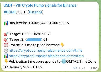 View the proof of BOME pump signal on Binance at 04 January 2026, 01:05 Proof of BOME pump signal on Binance at 04 January 2026, 01:05
