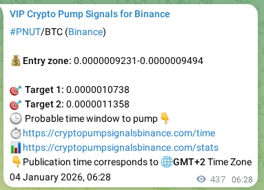 Crypto pump signal proof: PNUT on Binance, 04 January 2026, 18:36