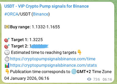 Binance pump signal proof for ORCA on 05 January 2026, 02:42