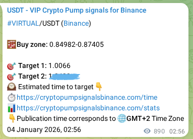 Authenticated proof of VIRTUAL's pump signal on Binance at 05 January 2026, 03:39