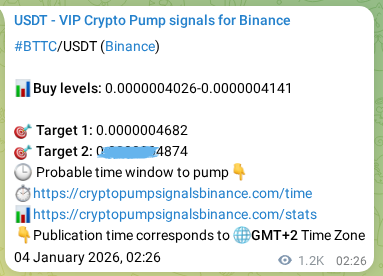 Binance pump signal data for BTTC at 05 January 2026, 12:00