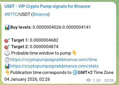 Real-time proof of BTTC pump signal on Binance, 05 January 2026, 12:16