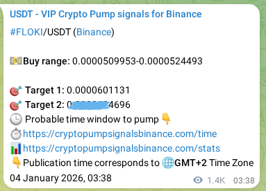 Crypto signal proof: FLOKI pump on Binance, 05 January 2026, 18:37