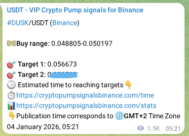 Live proof of DUSK pump signal on Binance, 06 January 2026, 00:07