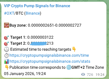 Trading signal proof: OXT pump from Binance, 06 January 2026, 15:33