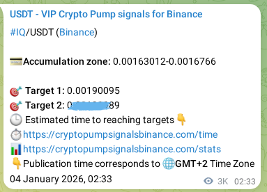 Crypto market signal proof: IQ pump on Binance, 07 January 2026, 14:53