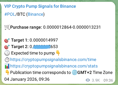 Crypto pump signal proof: Verify POL on Binance, 08 January 2026, 21:52 Crypto pump signal proof: POL on Binance, 08 January 2026, 21:52