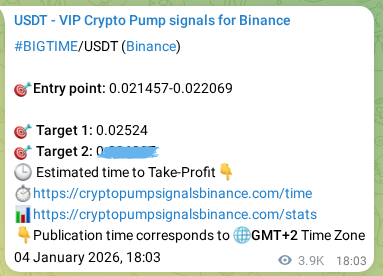 Authenticated proof of BIGTIME's pump signal on Binance at 09 January 2026, 05:14