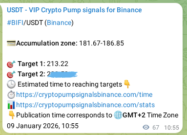 Trading signal proof: BIFI pump from Binance, 09 January 2026, 12:48