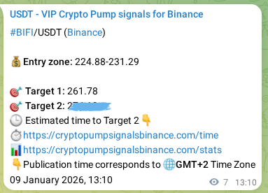 Real-time proof of BIFI pump signal on Binance, 09 January 2026, 13:11