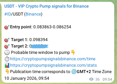 Crypto pump signal proof: ID on Binance, 10 January 2026, 10:32