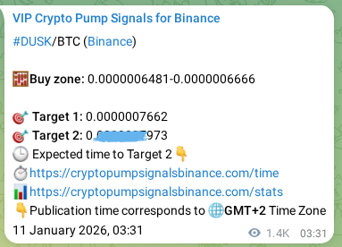 Proof of DUSK pump signal on Binance at 12 January 2026, 17:13