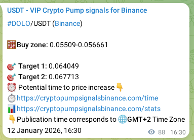 Signal verification: DOLO pump on Binance at 12 January 2026, 18:33