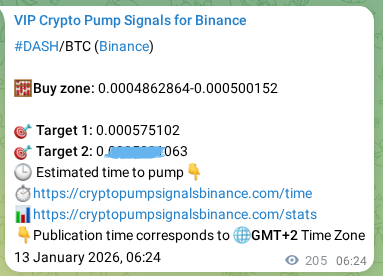 Crypto pump signal proof: Verify DASH on Binance, 13 January 2026, 12:05 Crypto pump signal proof: DASH on Binance, 13 January 2026, 12:05