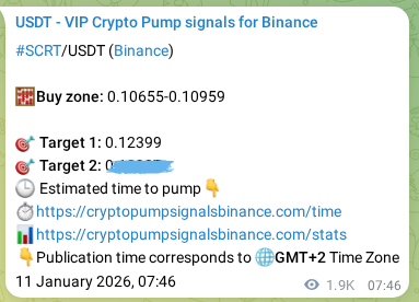 Real-time proof of SCRT pump signal on Binance, 13 January 2026, 13:21