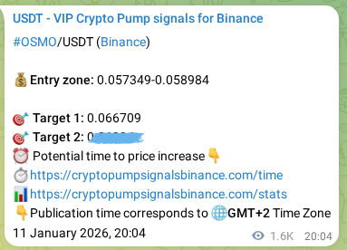 Binance signal verification for OSMO pump, 13 January 2026, 17:03