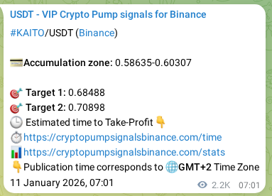 Live proof of KAITO pump signal on Binance, 13 January 2026, 20:43
