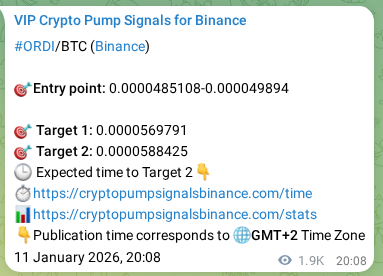 Proof of ORDI pump signal on Binance at 14 January 2026, 00:53