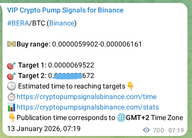 Binance pump signal proof for BERA on 14 January 2026, 02:45