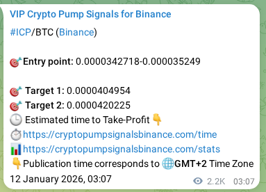 Trading signal proof: ICP pump from Binance, 14 January 2026, 15:00
