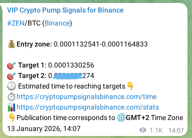 Real-time proof of ZEN pump signal on Binance, 14 January 2026, 18:56