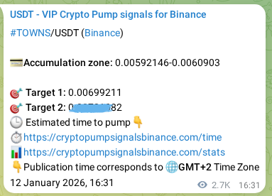 Binance exchange signal proof for TOWNS, 15 January 2026, 20:00