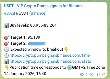 Authenticated proof of DASH's pump signal on Binance at 16 January 2026, 07:36