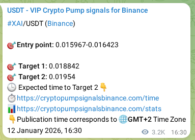 Binance trading signal proof for XAI pump, 16 January 2026, 09:21