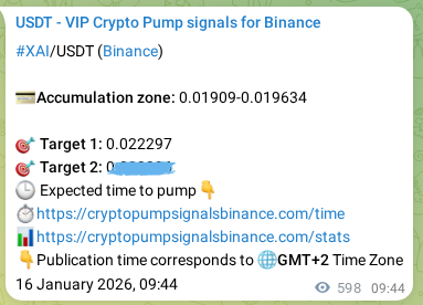Proof of XAI pump signal on Binance at 17 January 2026, 02:03