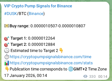 Crypto pump signal proof: DUSK on Binance, 17 January 2026, 09:09