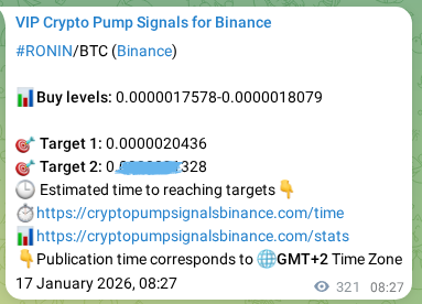 Binance exchange signal proof for RONIN, 17 January 2026, 17:21